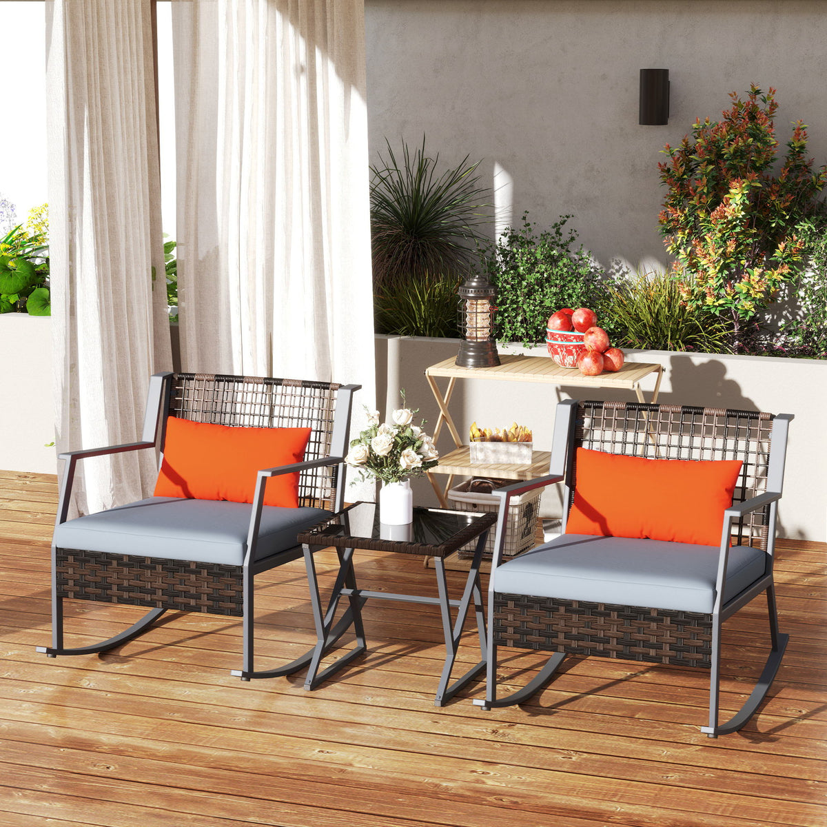 3 Pieces Rocking Bistro Set, Wicker Patio Furniture Set with Cushions and Glass Table for Porch, Balcony, Grey