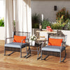 3 Pieces Rocking Bistro Set, Wicker Patio Furniture Set with Cushions and Glass Table for Porch, Balcony, Grey