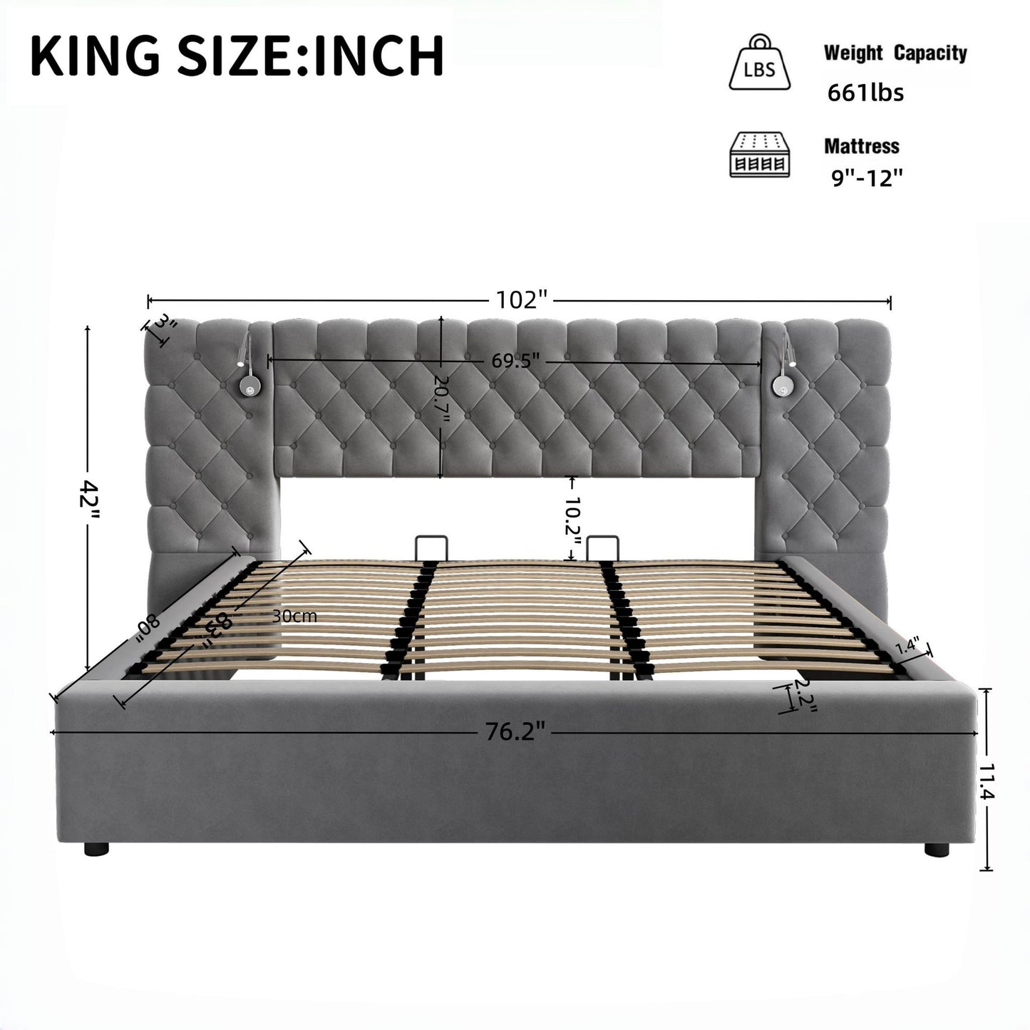 King Size Upholstered Bed with Extra-Wide Diamond Tufted Headboard, Plush Velvet Bed with Built-In Reading Lights, 83'' L x 102'' W x 42'' H, Grey