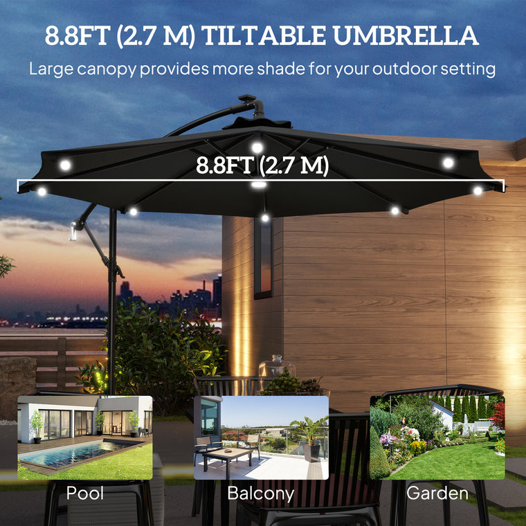 8.8FT Grey Cantilever Umbrella with Solar LED Lights & Crank