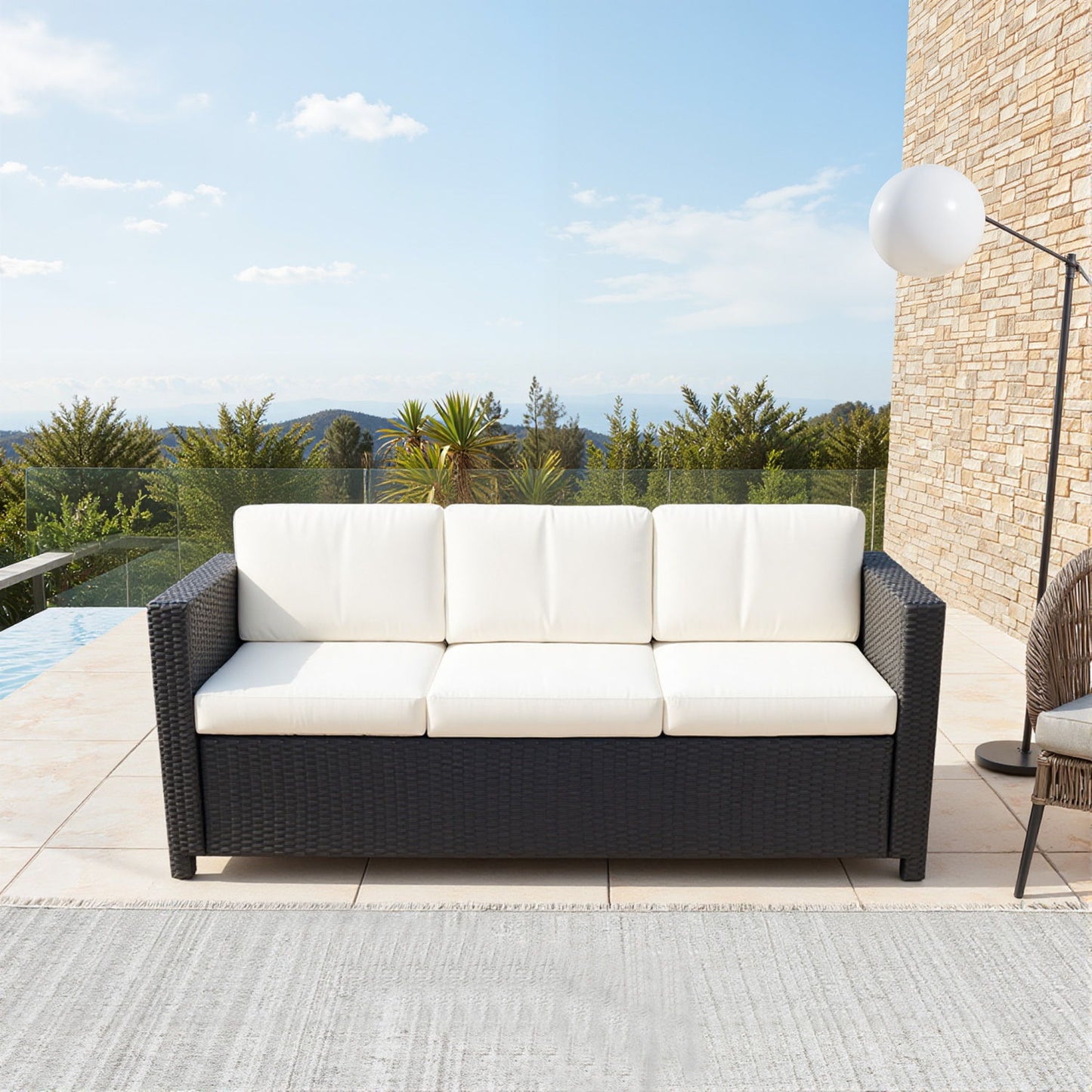 Deluxe 3 Seat Rattan Wicker Sofa Garden Outdoor Patio Furniture with Cushion, Cream White
