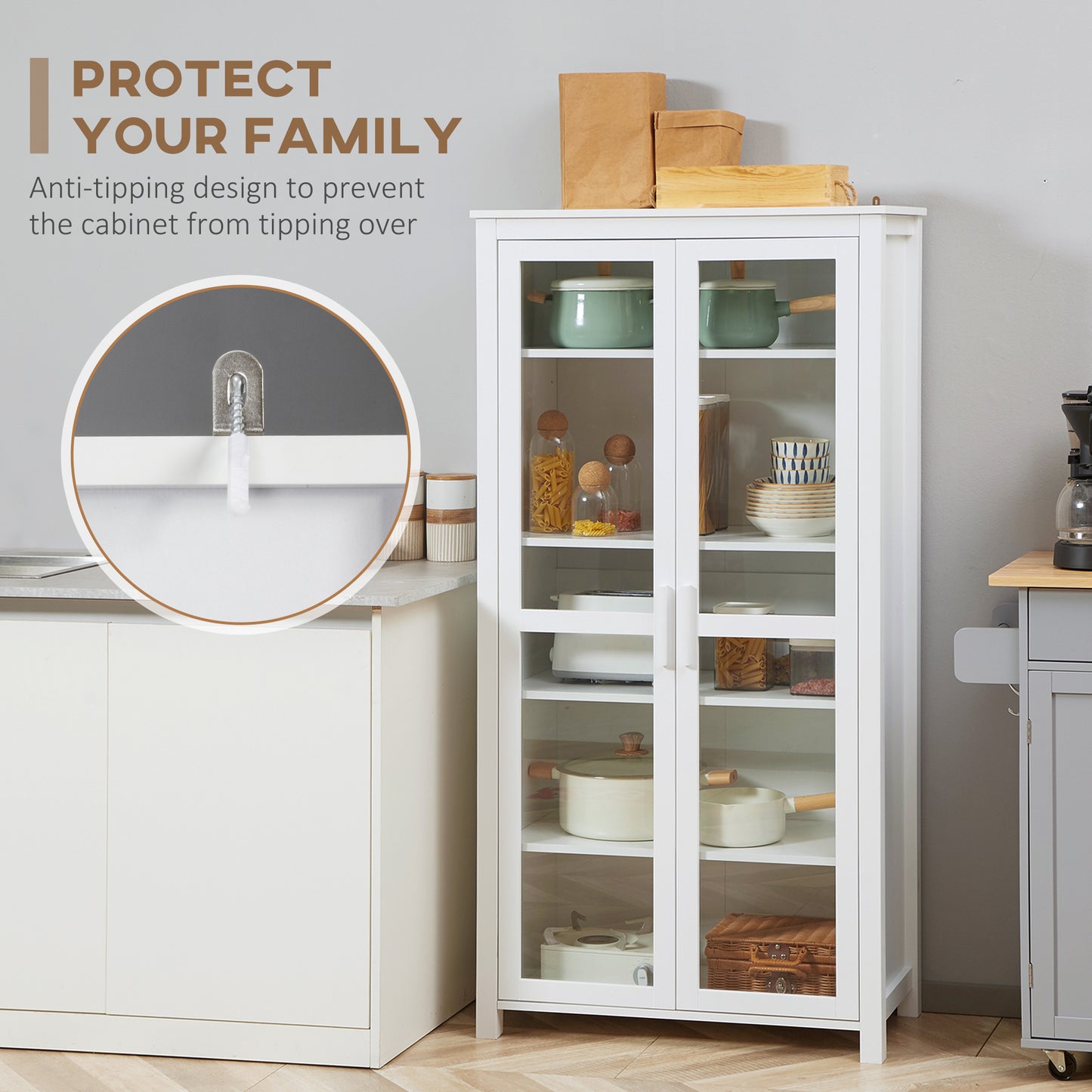 Freestanding Kitchen Pantry, Buffet Cabinet, 5-tier Storage Cabinet with Adjustable Shelves and 2 Glass Doors, White