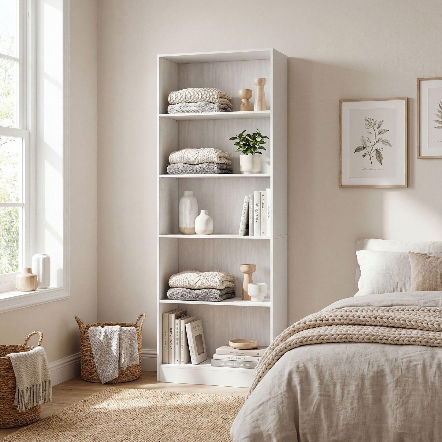 5-Tier Bookcase, Storage Bookshelf with Adjustable Shelves, Display Shelves for Living Room, Home Office, White
