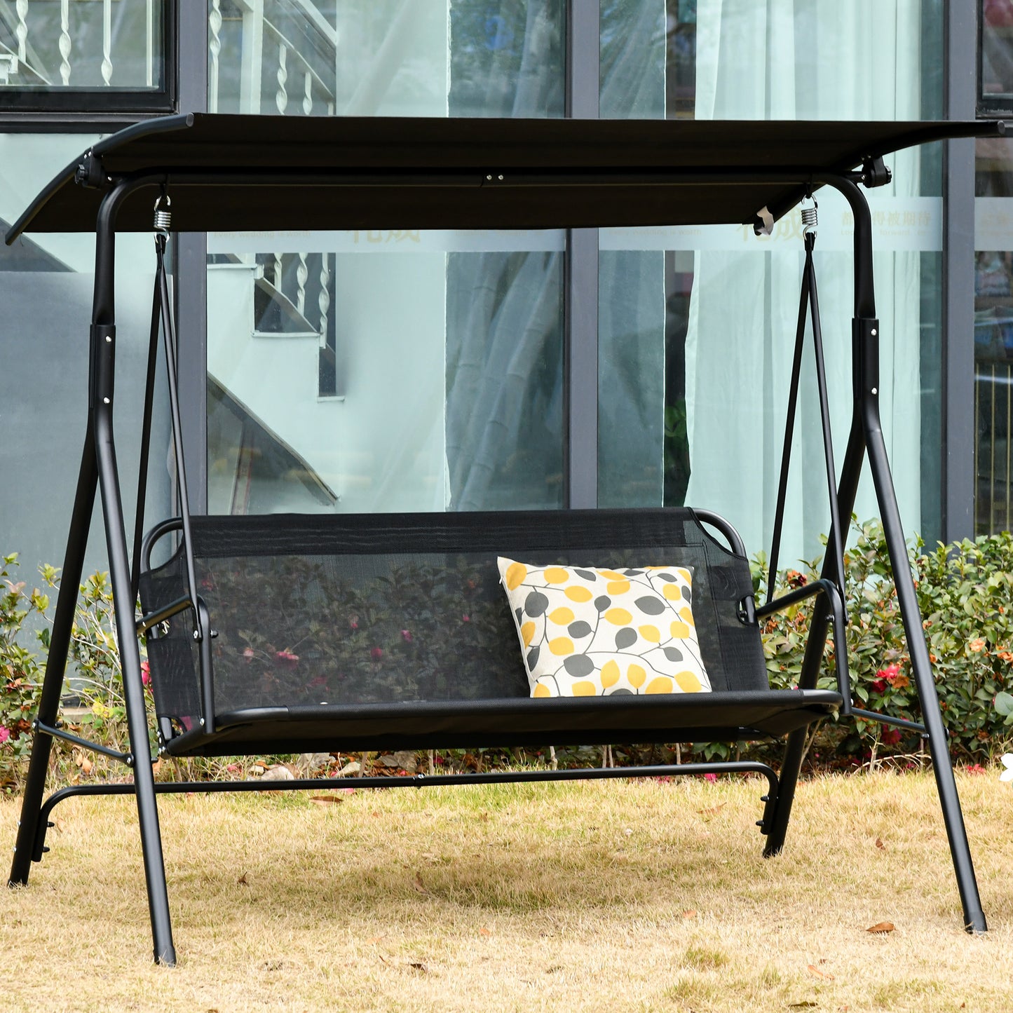 2-Person Porch Swing Chair, 2 Seater Patio Swing Bench w/ Adjustable Canopy, Breathable Seat for Garden, Poolside, Black - Black