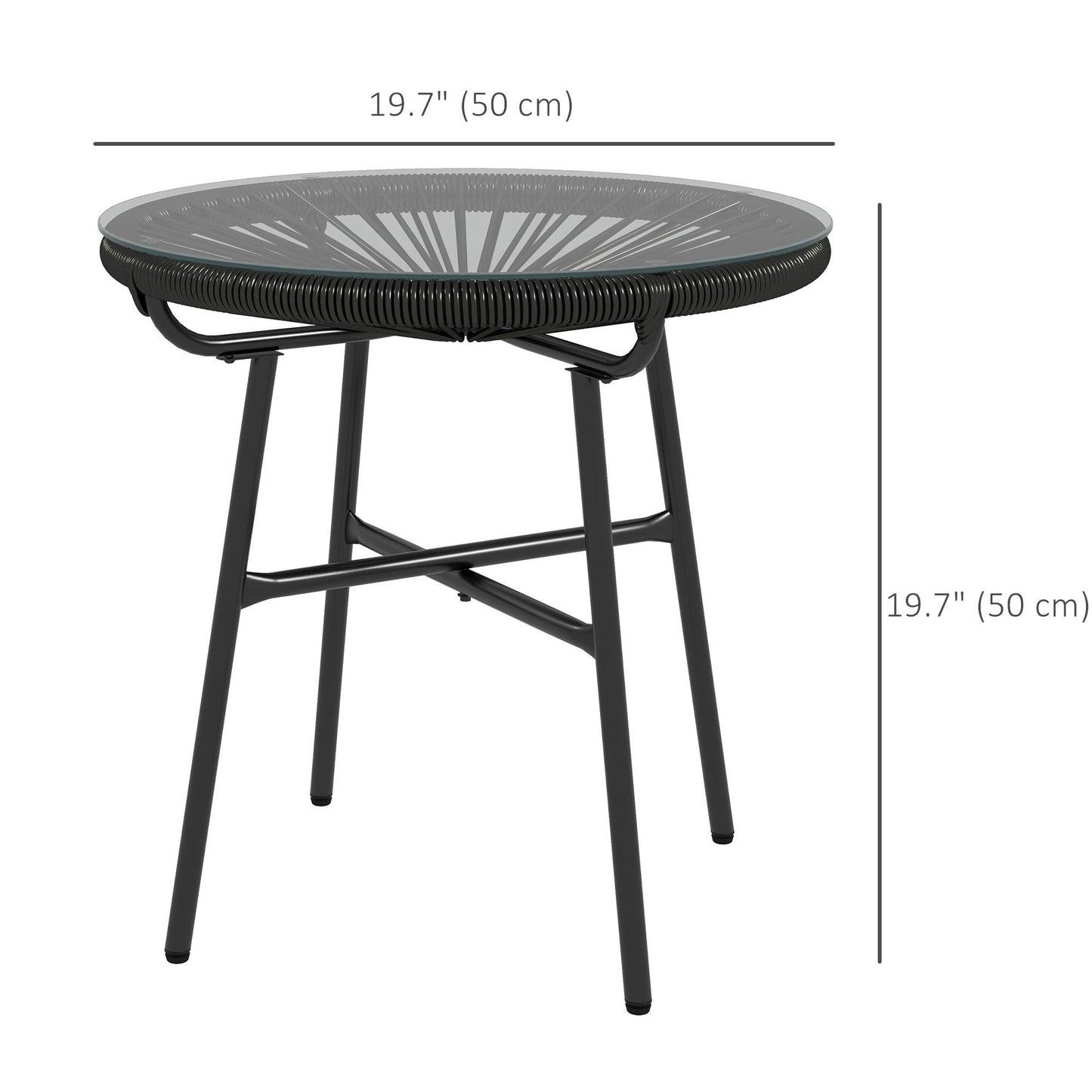 Rattan Side Table, Round Outdoor Table, with Round PE Rattan and Tempered Glass Table Top for Patio, Garden, Black