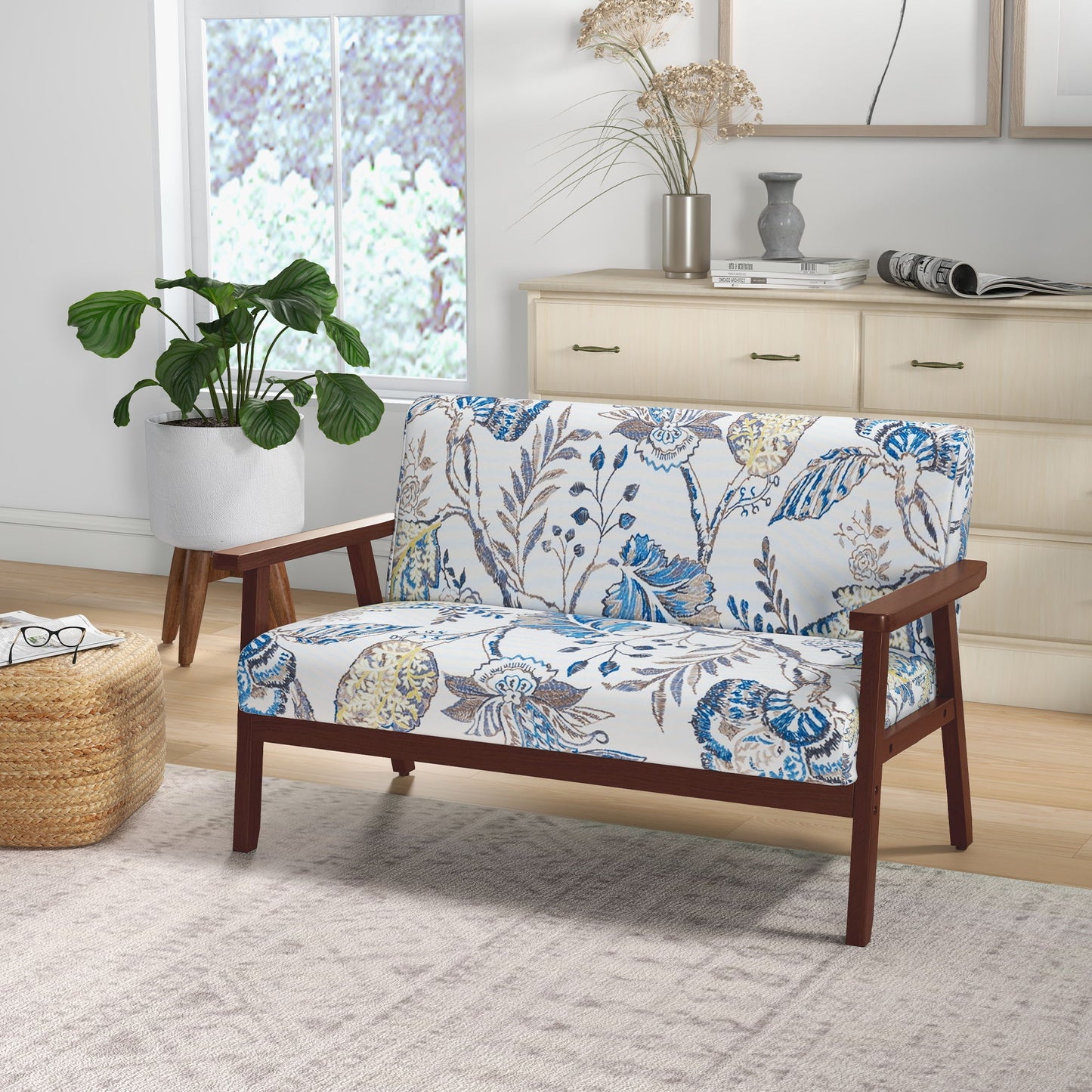Compact Loveseat Sofa Couch Linen Fabric Double Seat Sofa with Rubber Wood Legs Multicolour