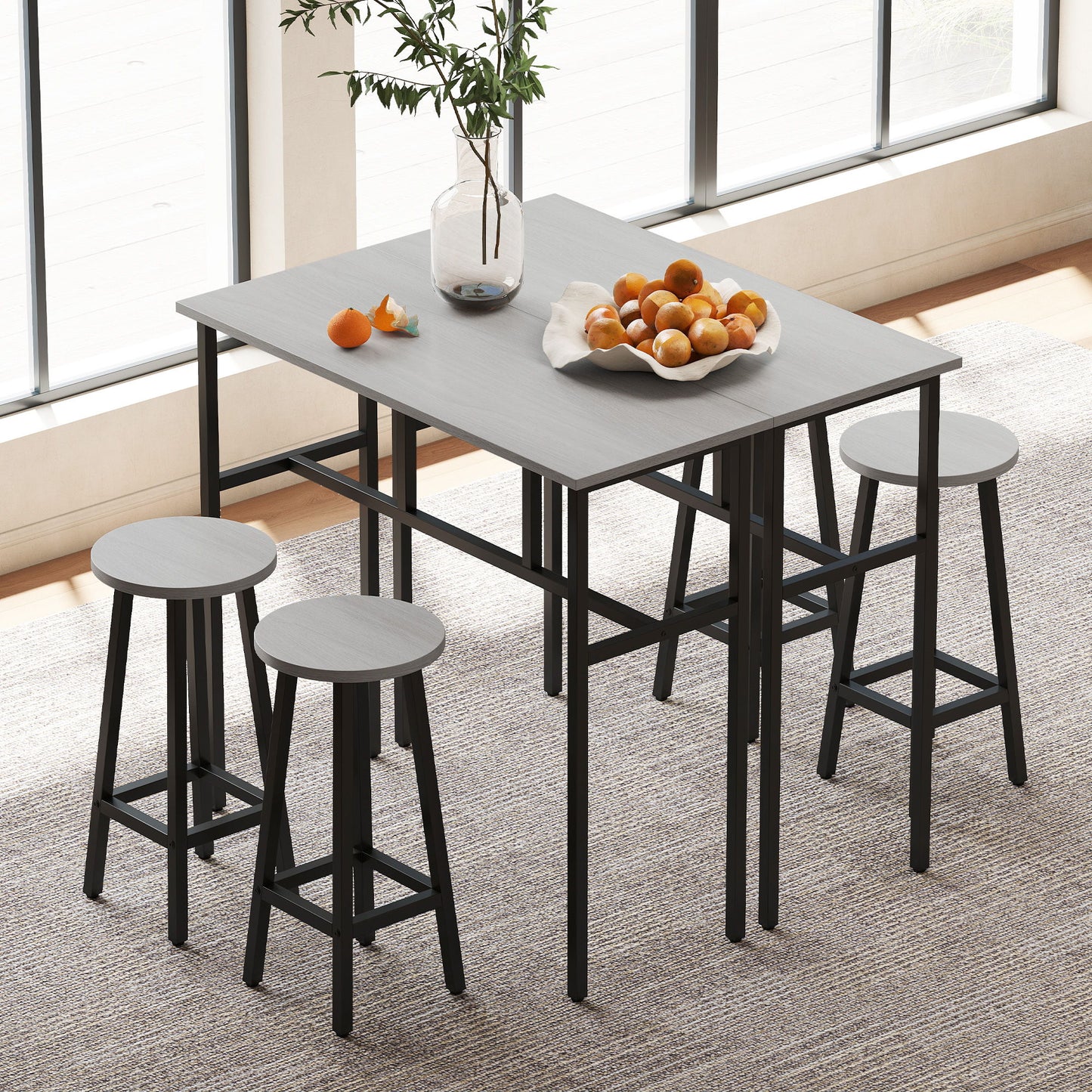 Bar Table Set of 6, Bar Table and Stools for 4, 2 Breakfast Tables and 4 Stools for Living Room, Dining Room, Grey
