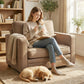 Accent Chair, Velvet-feel Fabric Armchair with Wide Seat, Spring Cushion, Solid Wood legs, Brown