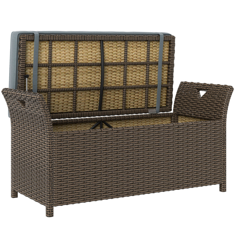2-in-1 PE Rattan Storage Bench, 29-Gallon with Cushion