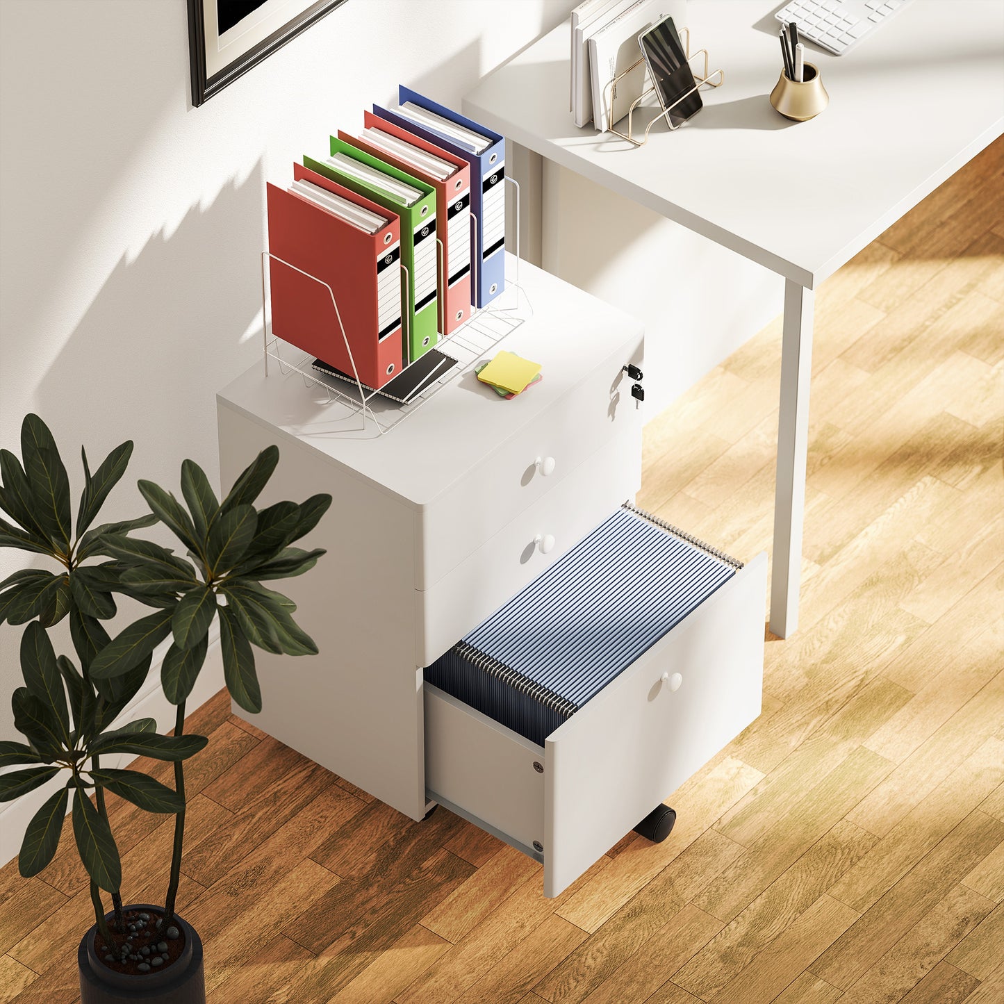 3-Drawer Small Filing Cabinet with Lock, Vertical Office Storage Cabinet with Wheels for Home Office, White