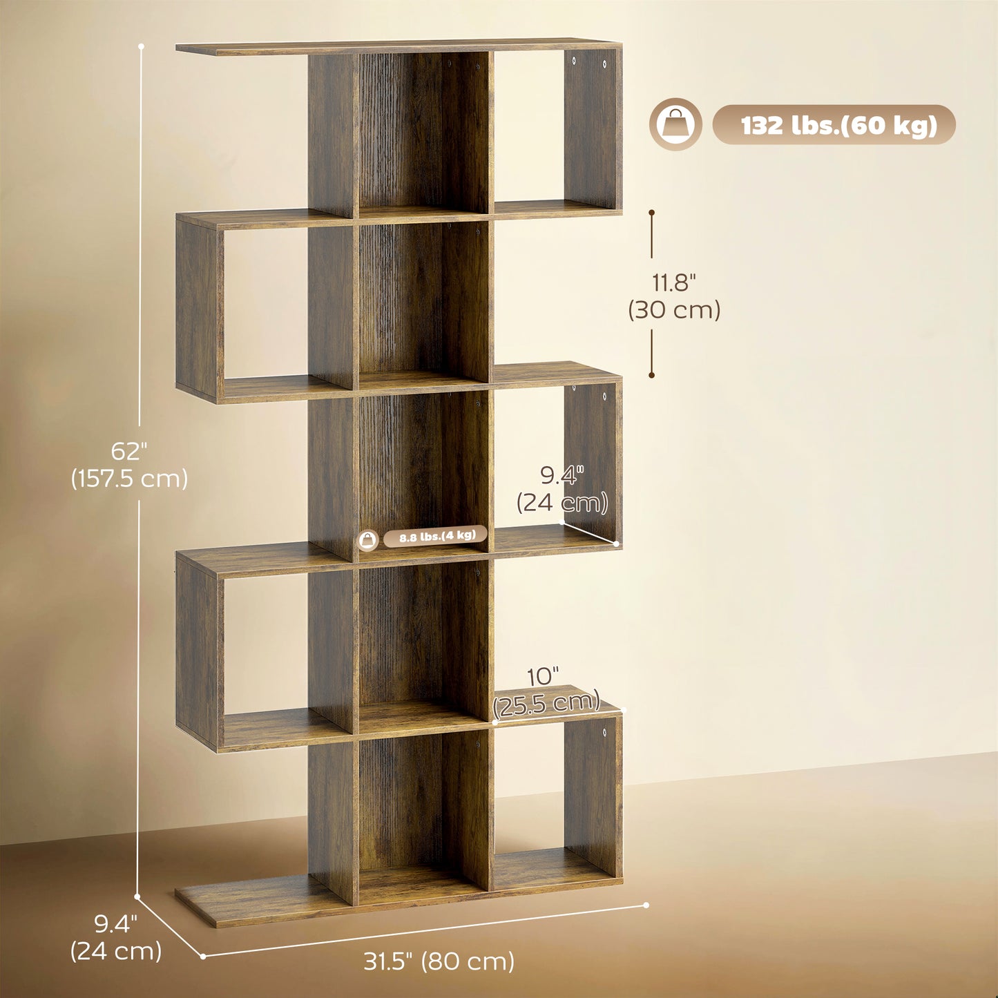 5-Tier Bookshelf, S Shaped Geometric Bookcase with 15 Compartments, Rustic Brown