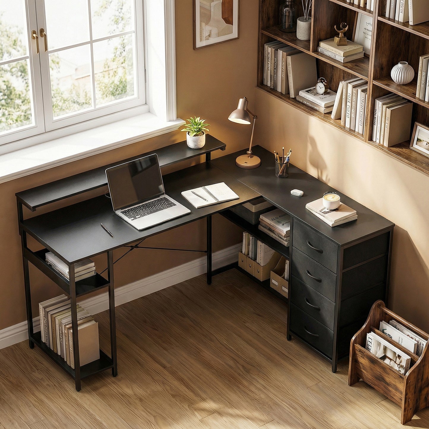 Gaming Desk with Power Outlets LED Lights Computer Desk with Drawers Monitor Stand 61" Black