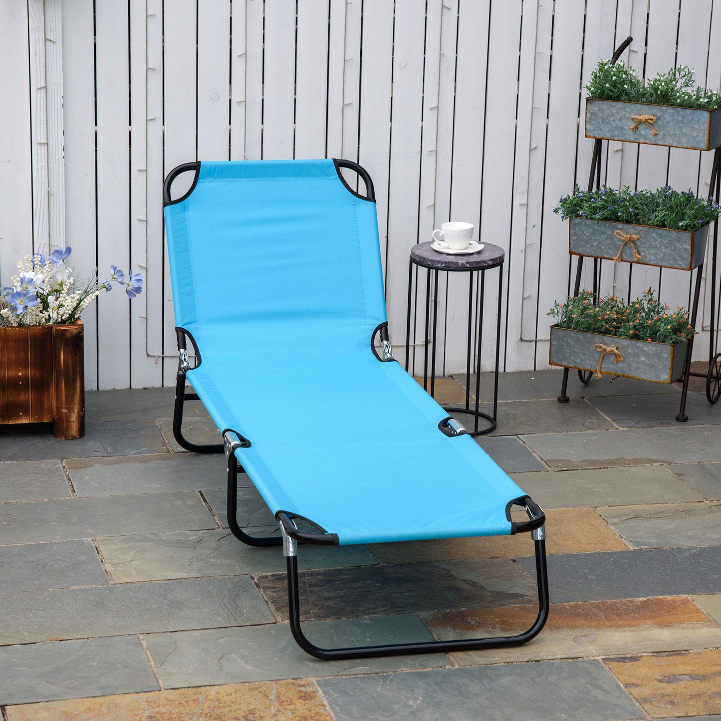 Outdoor Folding Lounge Chair, Steel Tanning Chair with Reclining Back, Breathable Mesh for Beach, Yard, Patio, Sky Blue