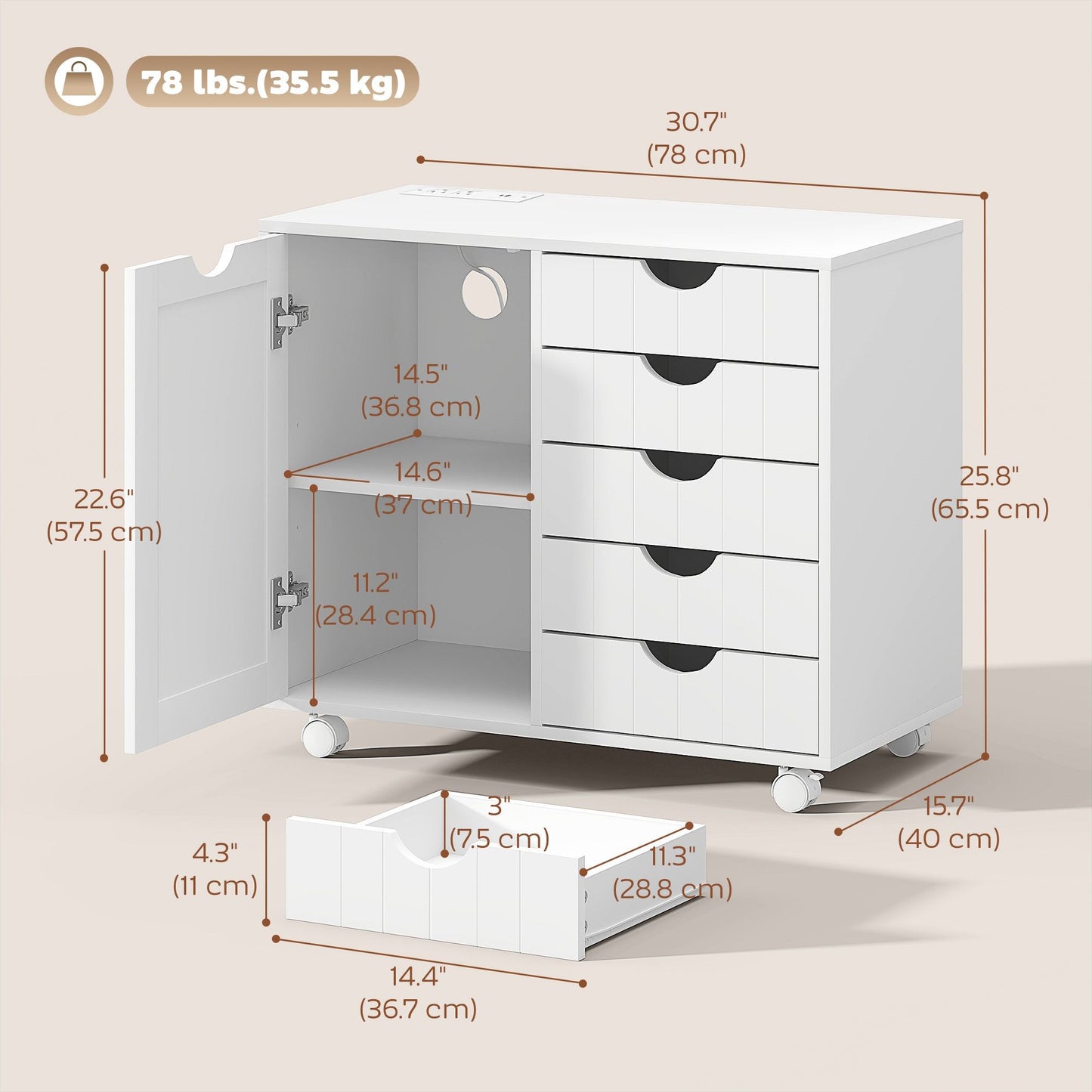 5-Drawer Mobile Lateral Filing Cabinet with USB - White
