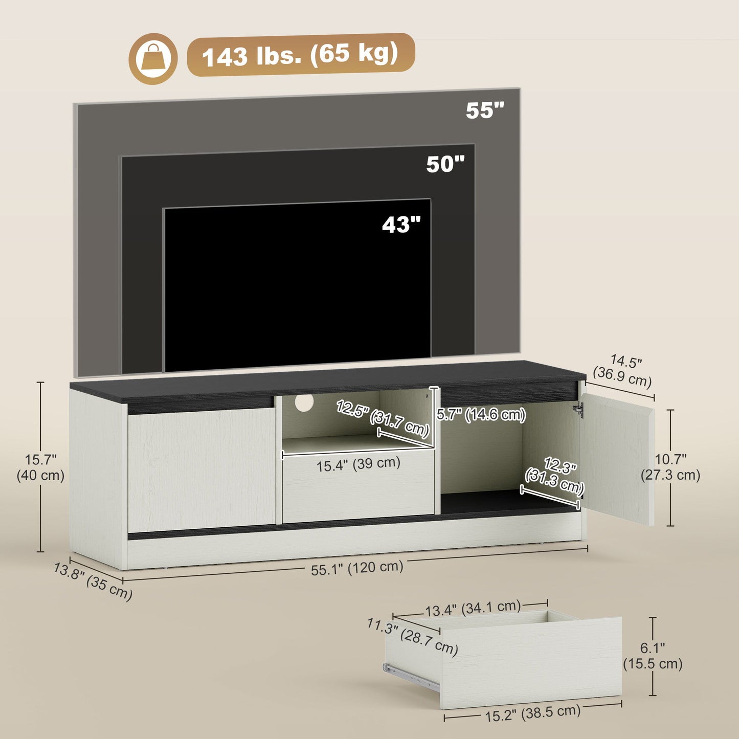 TV Stand for 43-55 Inch TV, Entertainment Center w/ Cabinets, Shelf, Drawer and Cable Management for Living Room, White