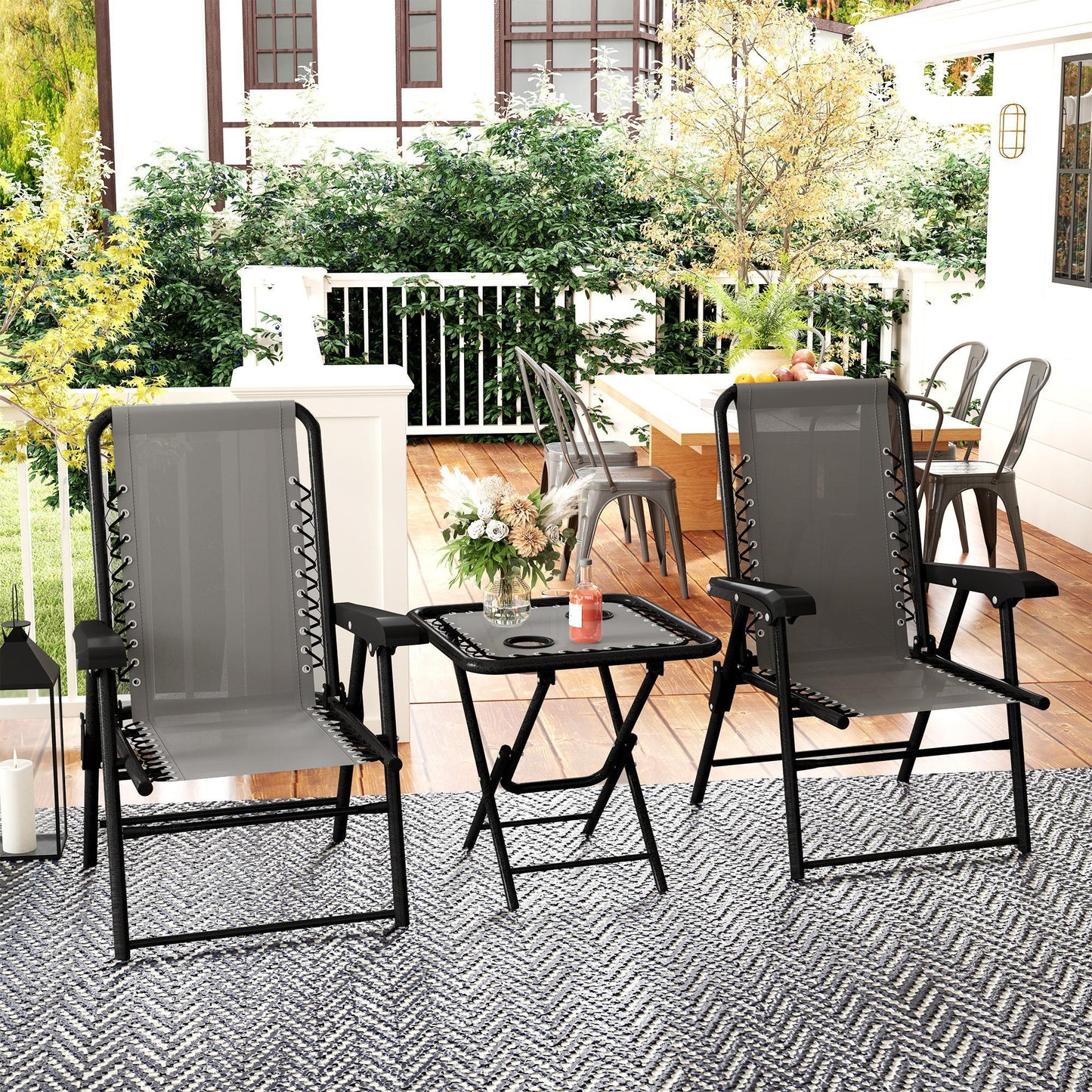 3 Pieces Patio Bistro Set, Outdoor Folding Table and Chairs Set, Metal Patio Furniture Set with Cup Holders