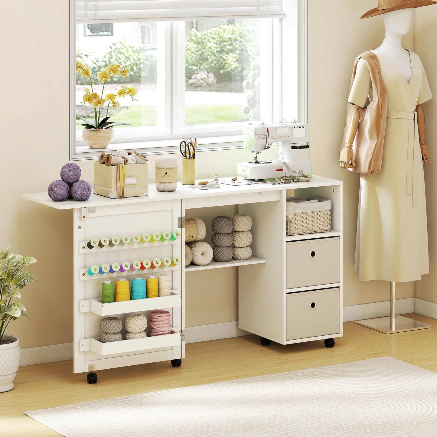 Rolling Sewing Machine Table with Power Outlet, Folding Craft Table with 2 Fabric Drawers, 2 Bins and 18 Pegs, White