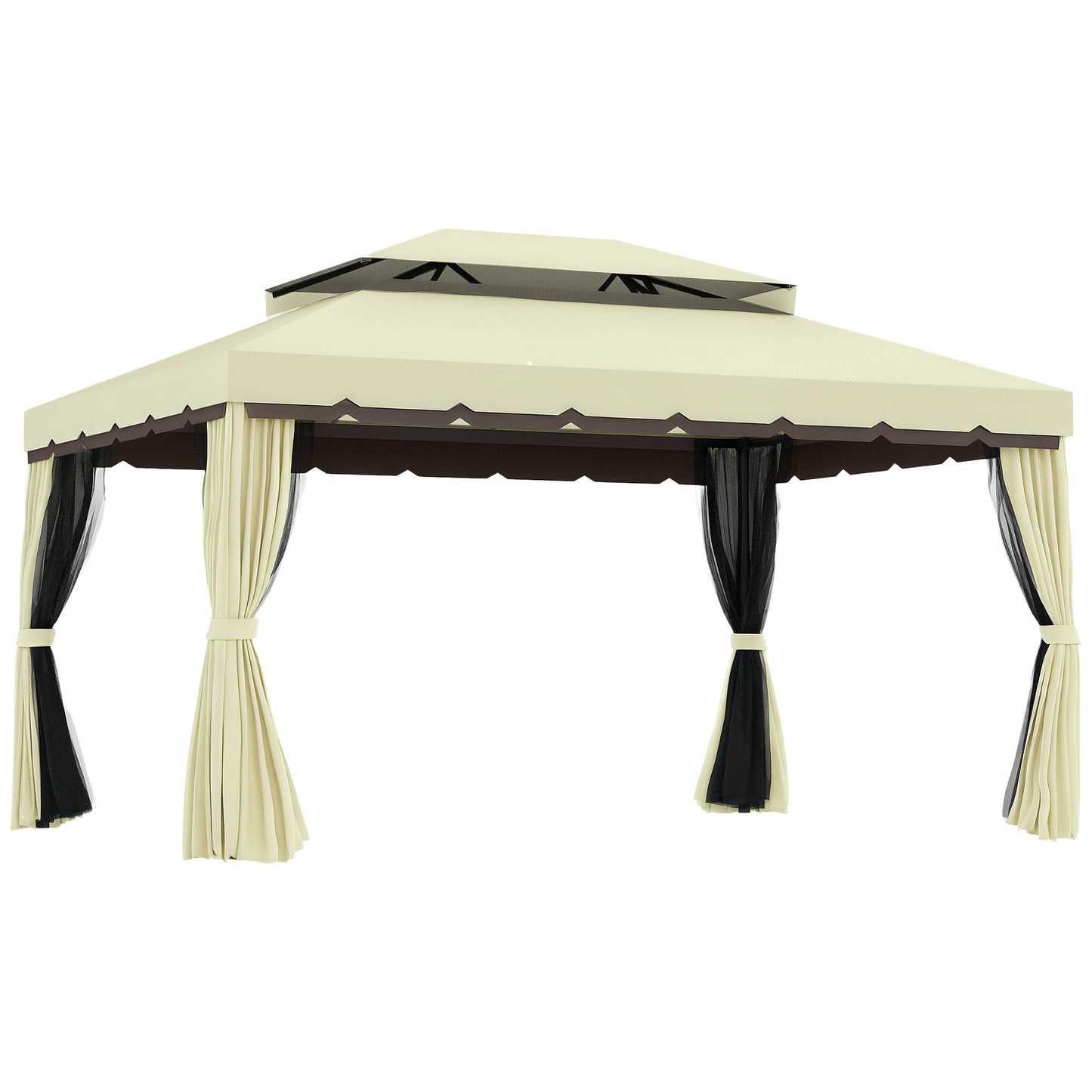 10'x13' Soft-top Aluminum Gazebo Deck Canopy Double Tier Garden Shelter with Netting and Curtains, Cream White