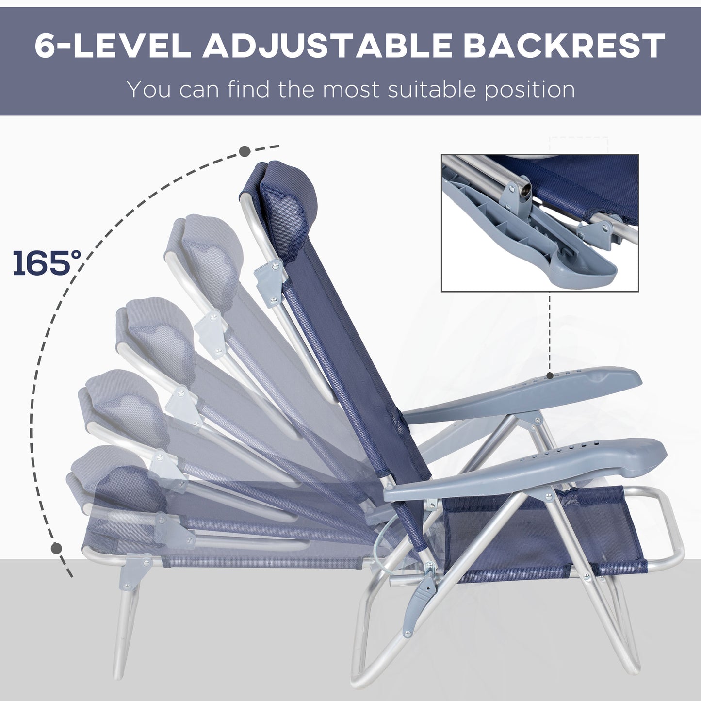 Set of 2 Camping Chairs, Beach Chairs with Adjustable Backrest and Headrest, Folding Chair for Outdoor, Dark Blue