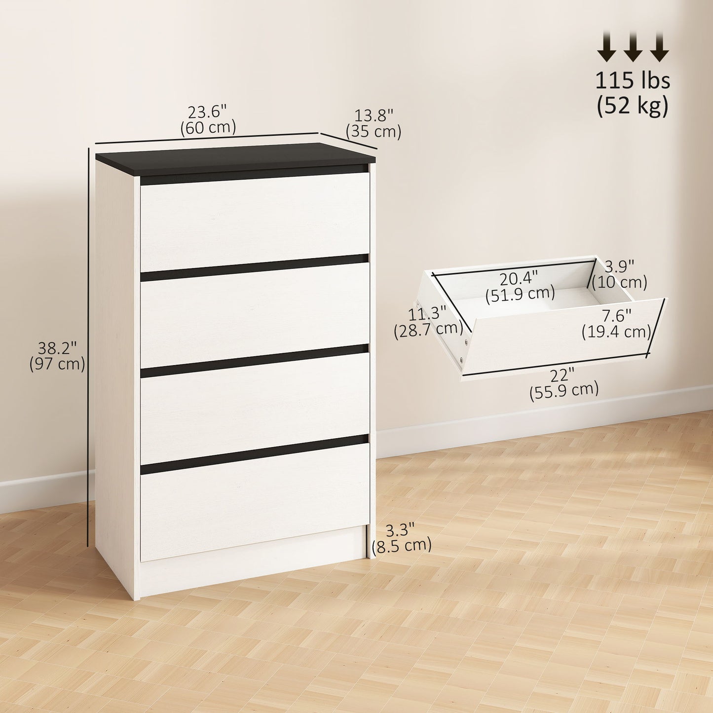 Tall Chest of Drawers, 4 Drawer Dresser for Bedroom, Living Room, Hallway, Modern Storage Cabinet, White Wood Effect