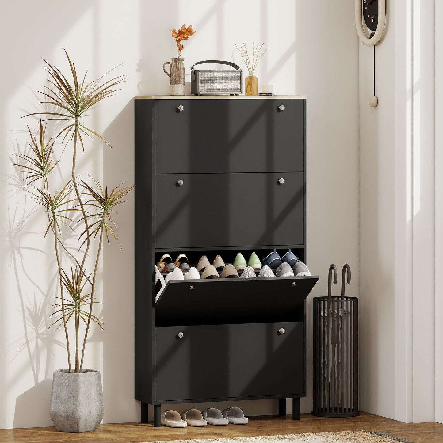 Narrow Shoe Cabinet with 4 Flip Drawers, Shoe Storage Cabinet with Adjustable Shelves, Holds 24–32 Pairs, Black