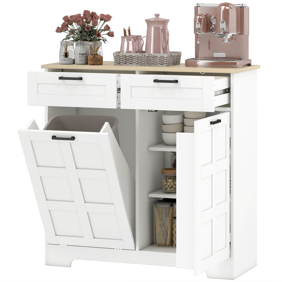 13-Gallon Tilt-Out Trash Cabinet with Drawers - White