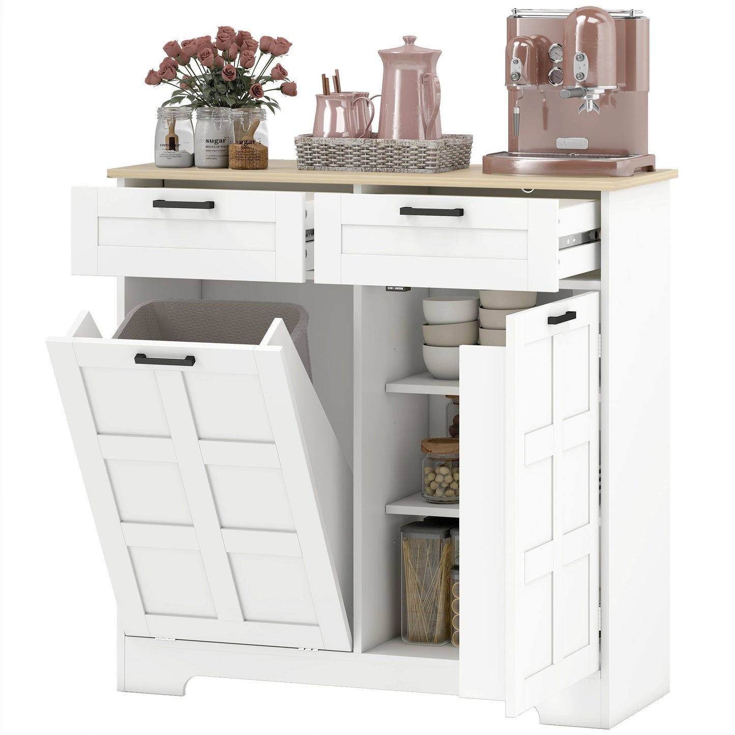 13-Gallon Tilt-Out Trash Cabinet with Drawers - White