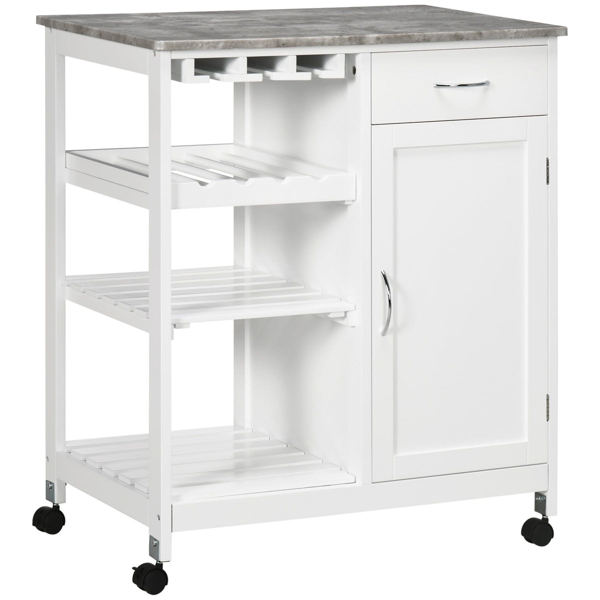 Rolling Kitchen Cart with Wine Rack and Marble Top - White