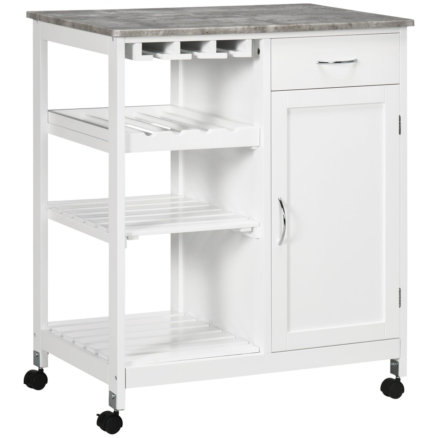 Rolling Kitchen Cart with Wine Rack and Marble Top - White