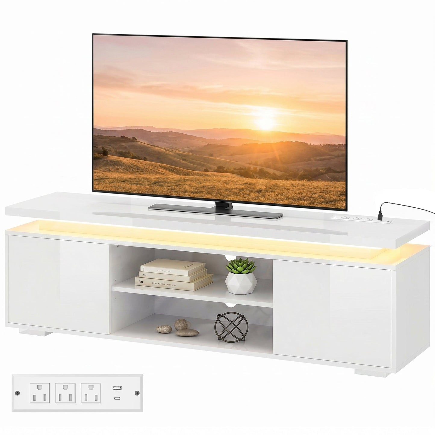 60" TV Stand with LED Lights and Power Outlets - Gloss White