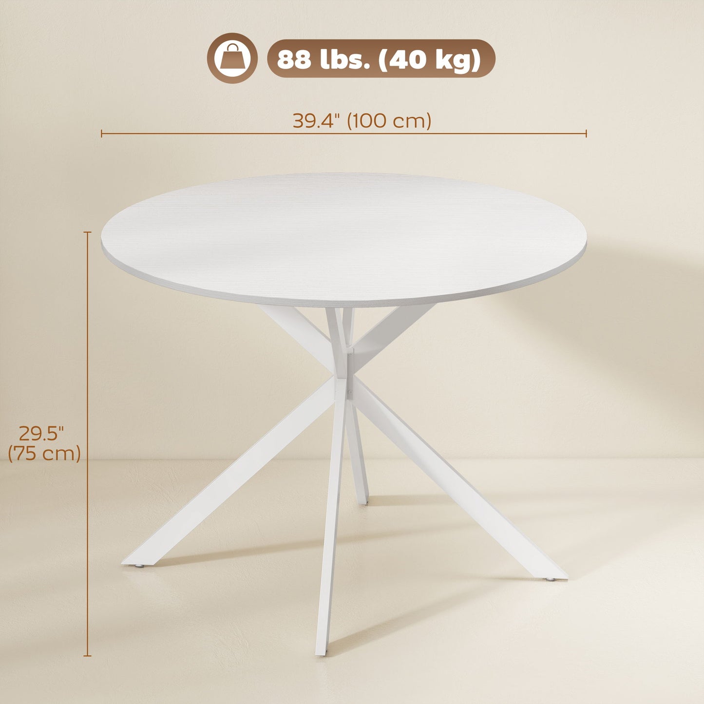 40" Round Kitchen Table for 4, Industrial Dining Table with Steel Legs for Dining Room, White Oak