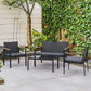 4 Pieces Wicker Patio Furniture Set with Cushions, Outdoor Rattan PE Rattan Conversation Set, Chairs and Loveseat with PS Board Armrests Decoration, Glass Top Table, Black