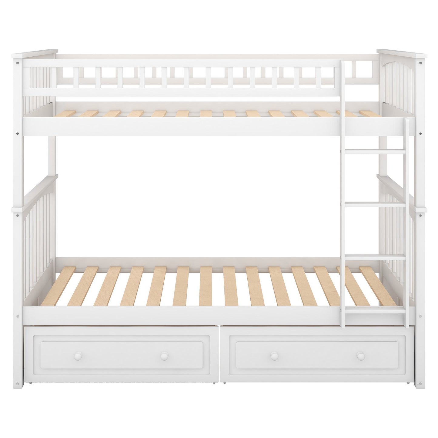 Twin Over Twin Bunk Bed with Drawers, Solid Pine Wood and MDF, Double-Decker Bed for Living Rooms, 79.5" L x 43.5" W x 64" H, White