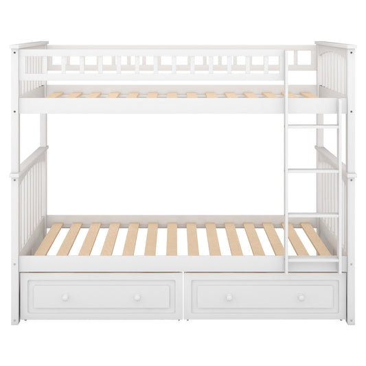Twin Over Twin Bunk Bed with Drawers, Solid Pine Wood and MDF, Double-Decker Bed for Living Rooms, 79.5" L x 43.5" W x 64" H, White