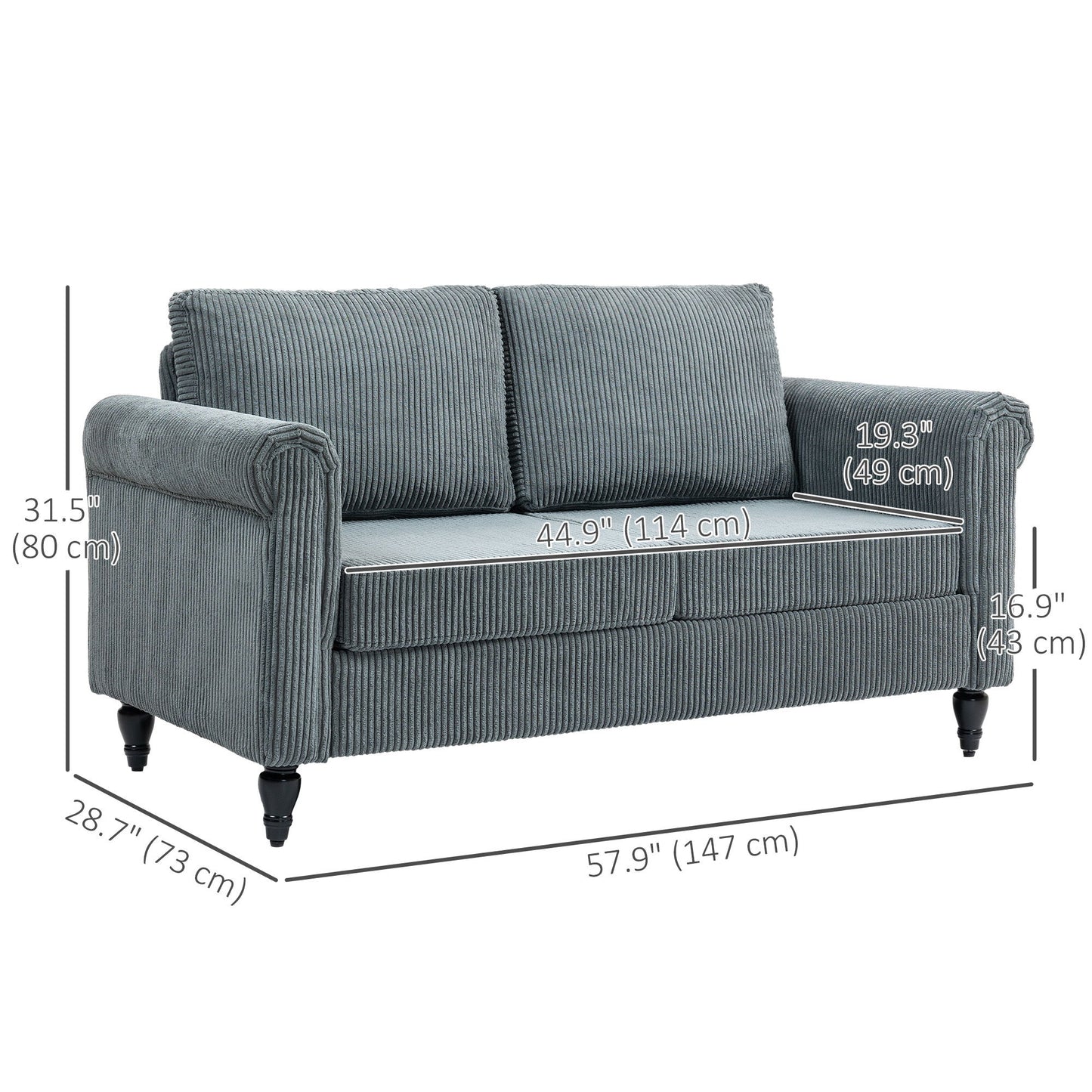 Vintage Loveseat, Upholstered Love Seat Furniture, Fabric 2 Seater Sofa with Rolled Arms, Rubber Wood Legs, Grey