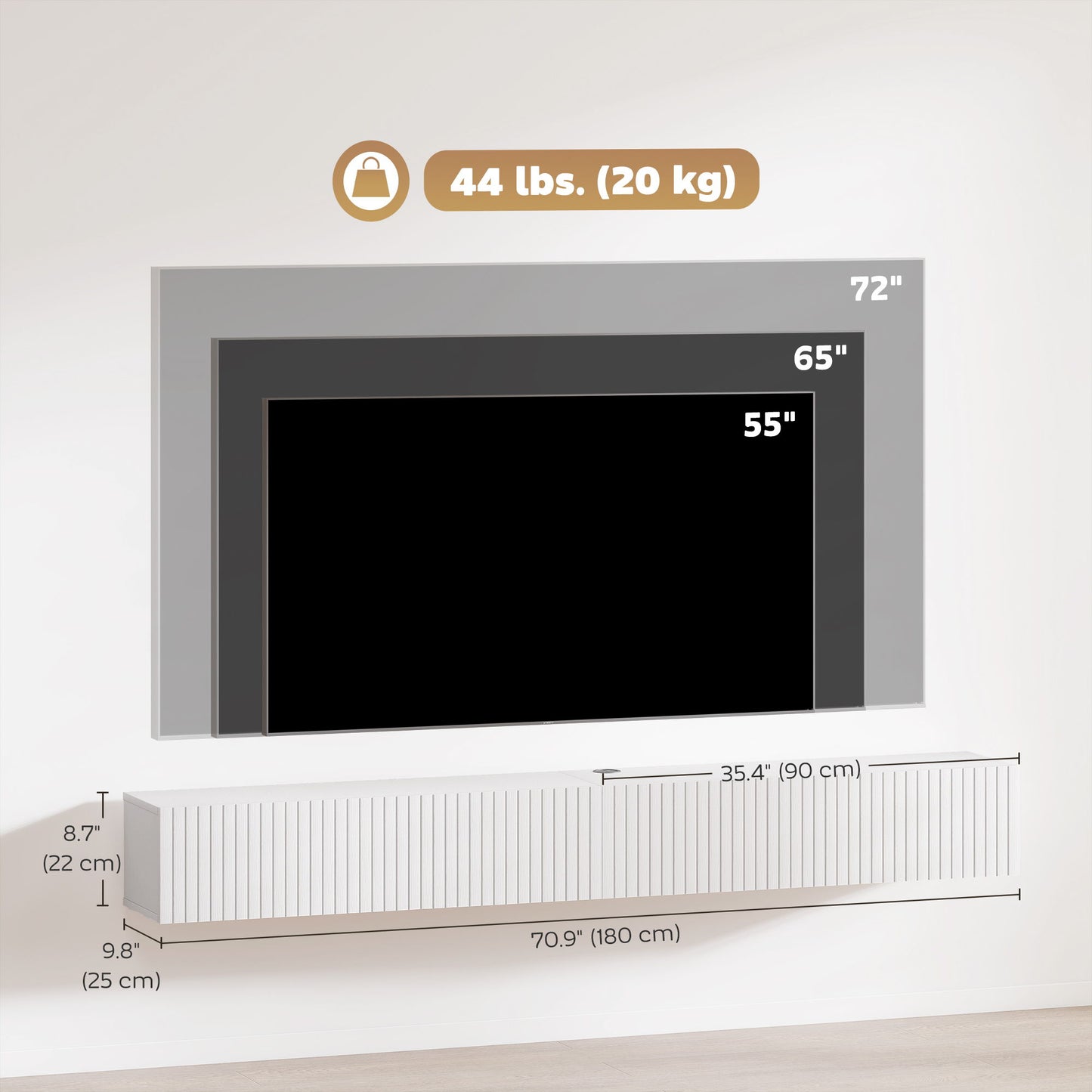 71" Floating TV Stand for TVs up to 72 Inch, Wall Mount Media Console with 2 Fluted Flip-Down Doors, Cable Hole, White