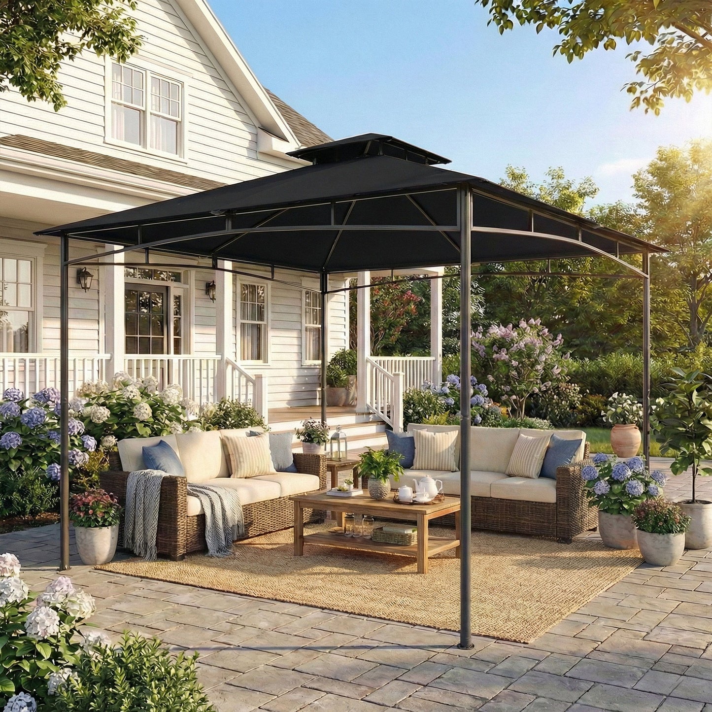 10' x 10' Gazebo, Soft Top Outdoor Gazebo with 2-Tier Roof, Metal Frame, Black