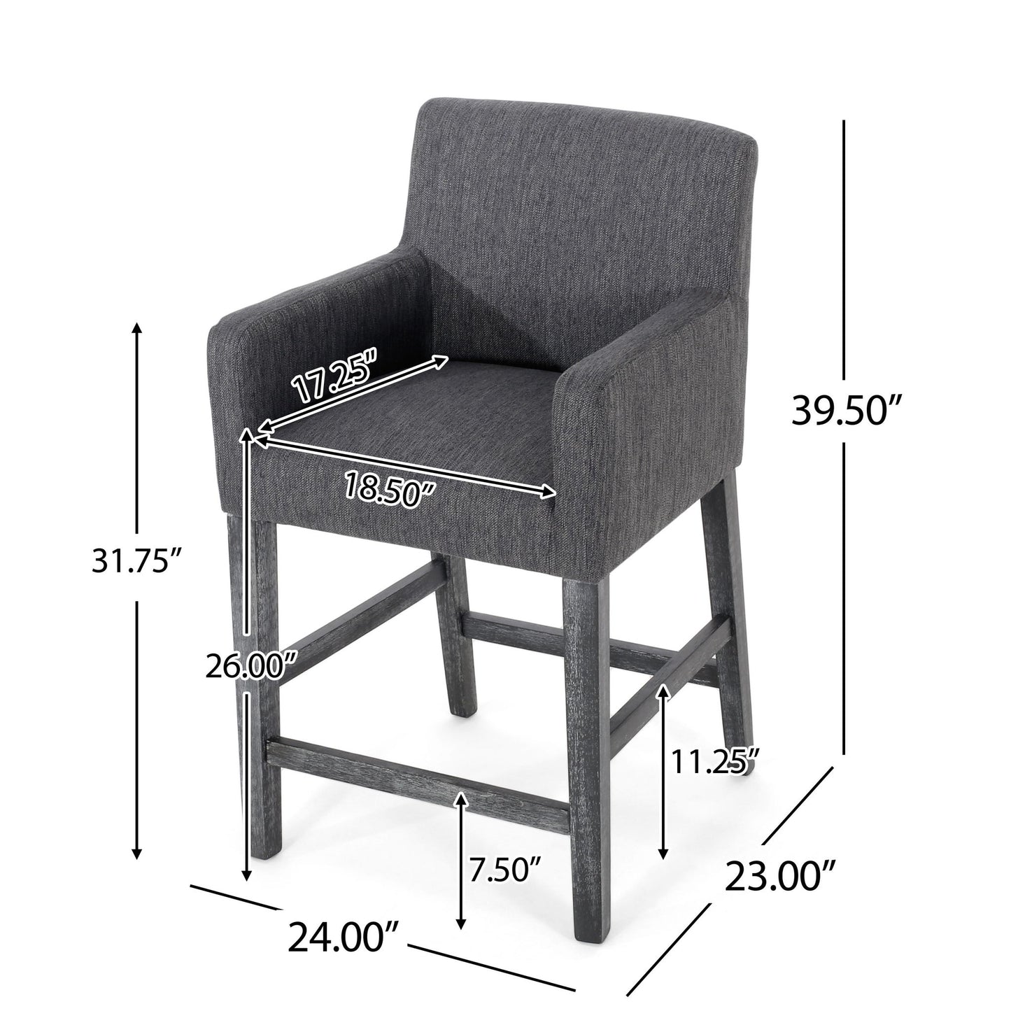 Set of 2 Upholstered Counter Stools with Durable Craftsmanship, Contemporary Style with Rubberwood Frame, 24×23×39.5 inch, Charcoal