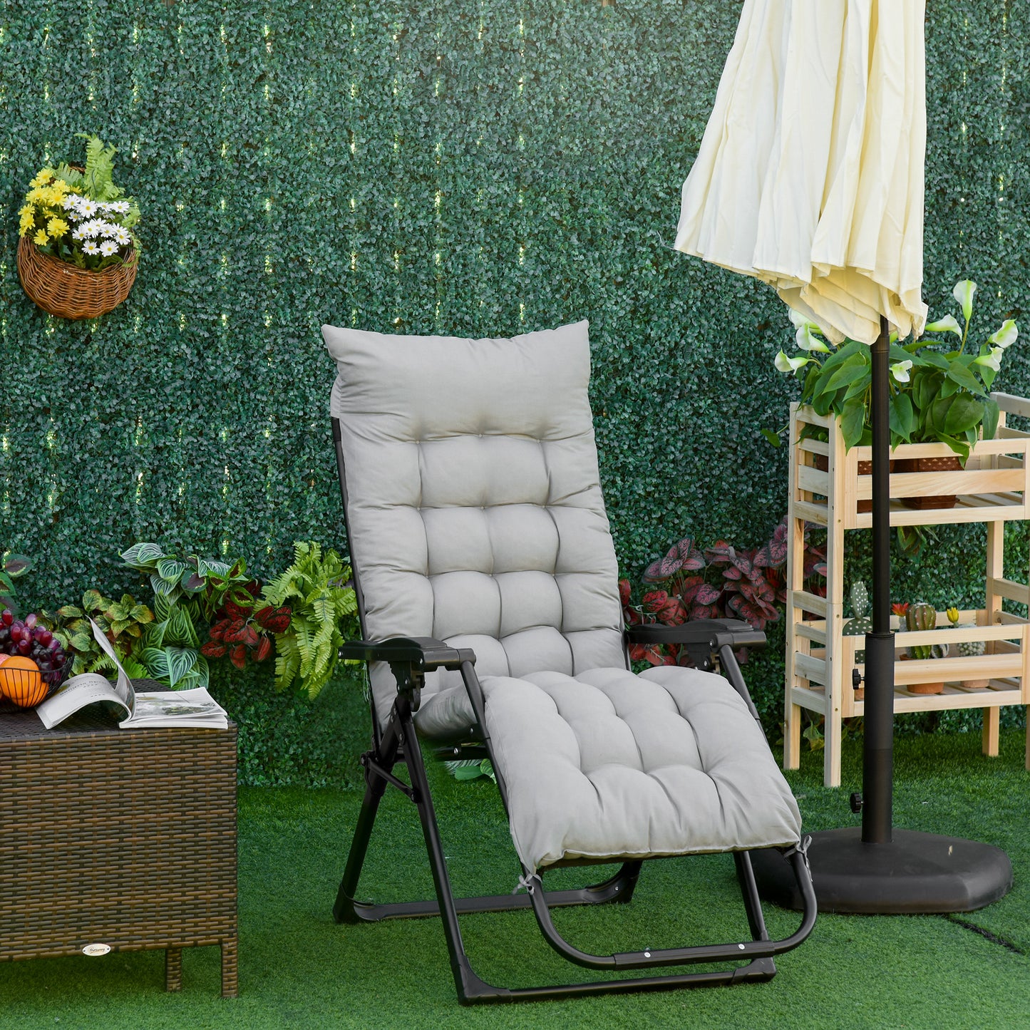 Reclining Zero Gravity Chair with Adjustable Backrest, Folding Garden Sun Lounger, Outdoor Recliner with Removable Cushion and Headrest, Dark Grey