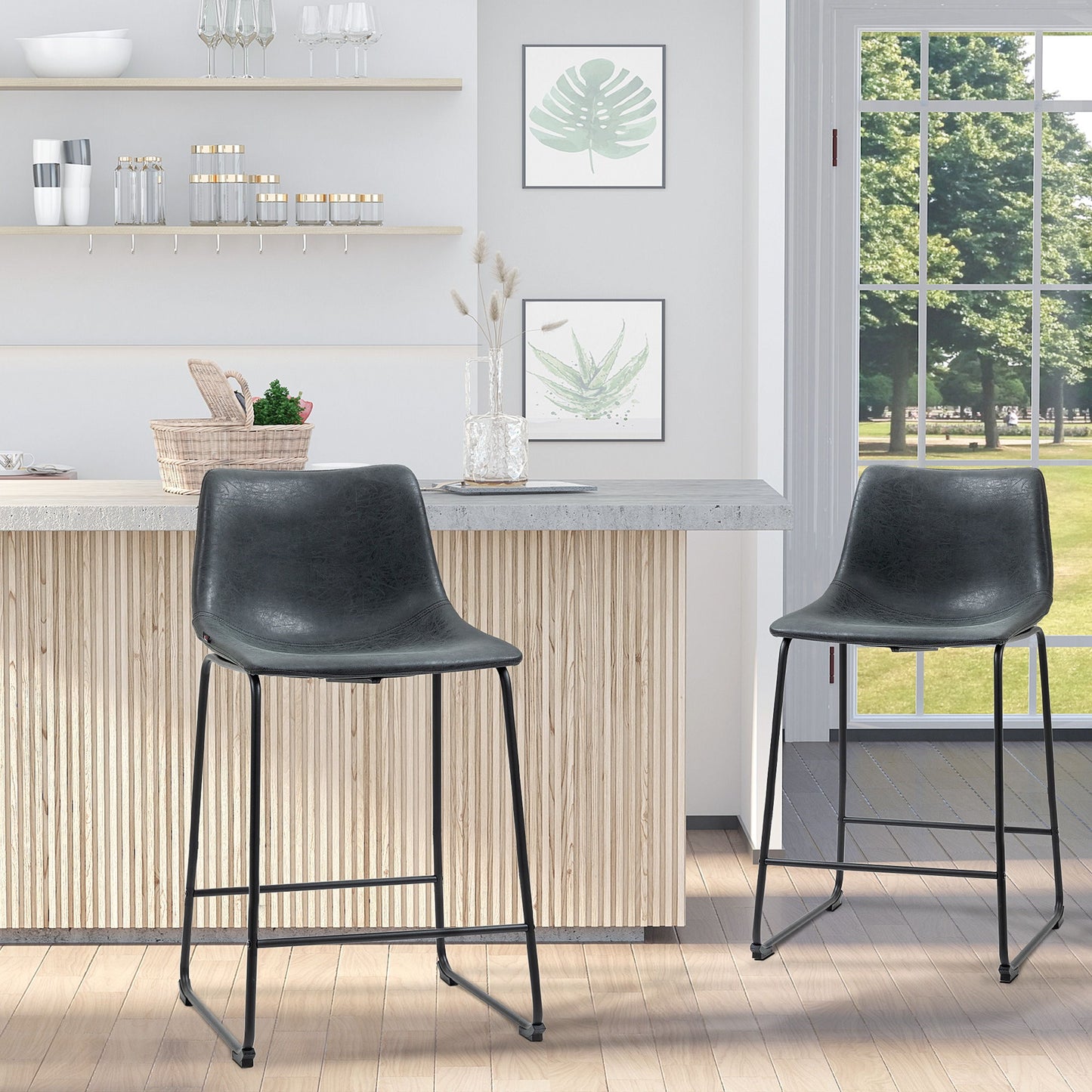 Counter Height Bar Stools Set of 2, Vintage PU Leather Bar Chairs, Kitchen Stool with Footrest, Black