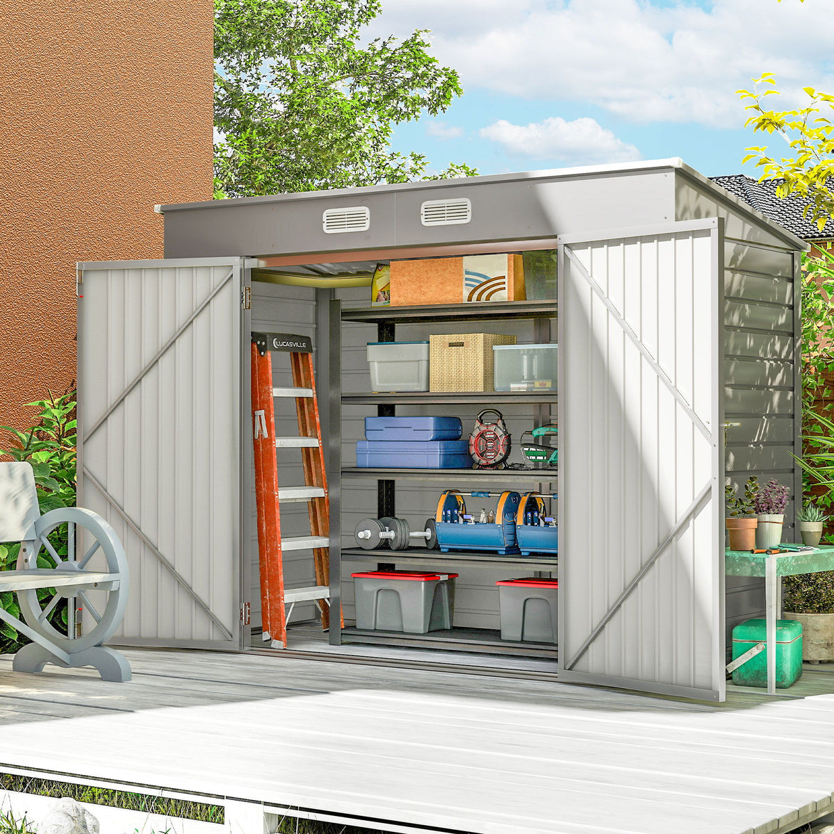 8 x 4FT Galvanized Garden Storage Shed, Metal Outdoor Shed with Double Doors and 2 Vents, Light Grey