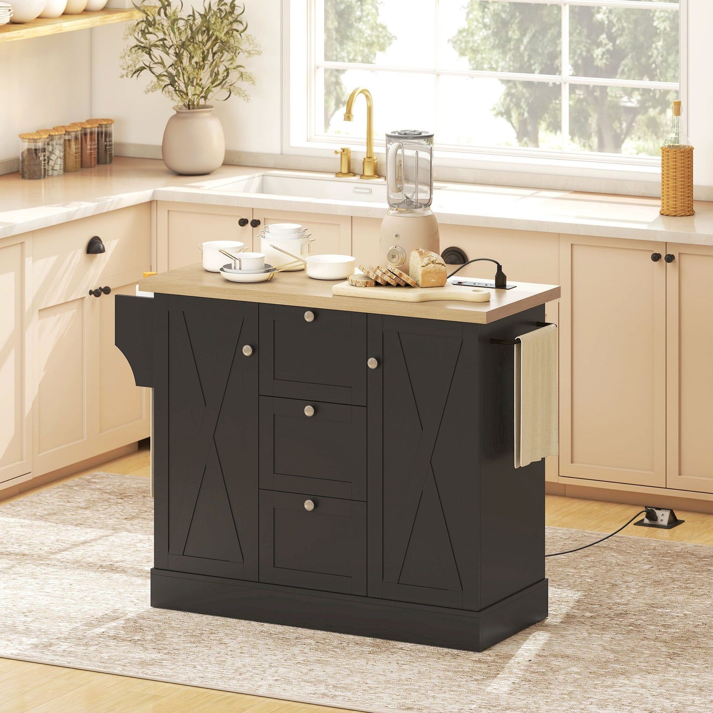 49" Kitchen Island Cart with Power Outlet - Black