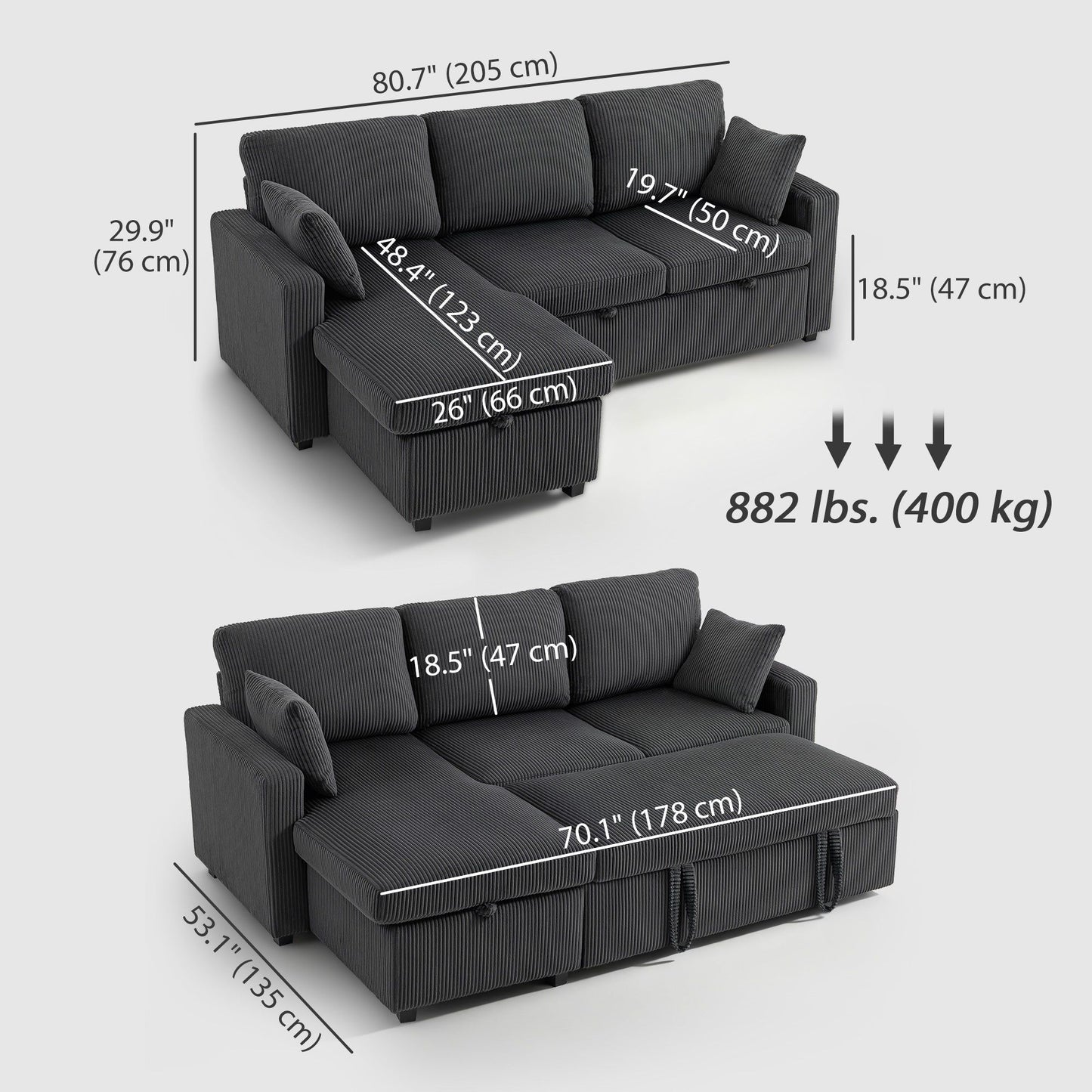 81" Pull-Out Corduroy Sofa Bed with Storage - Dark Grey