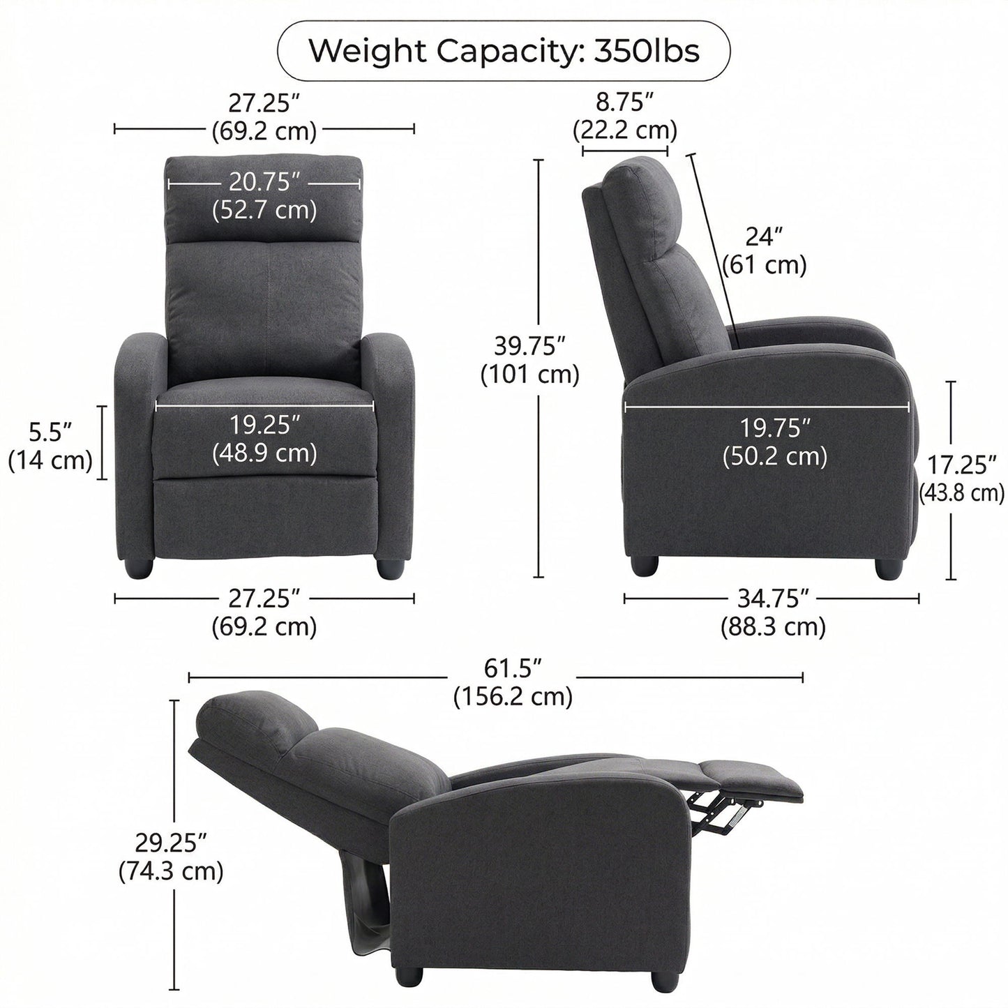 Fabric Recliner Sofa Manual Recliner, Home Theater Seating Single Reclining Sofa Chair with Padded Seat for Living Room, Dark Grey