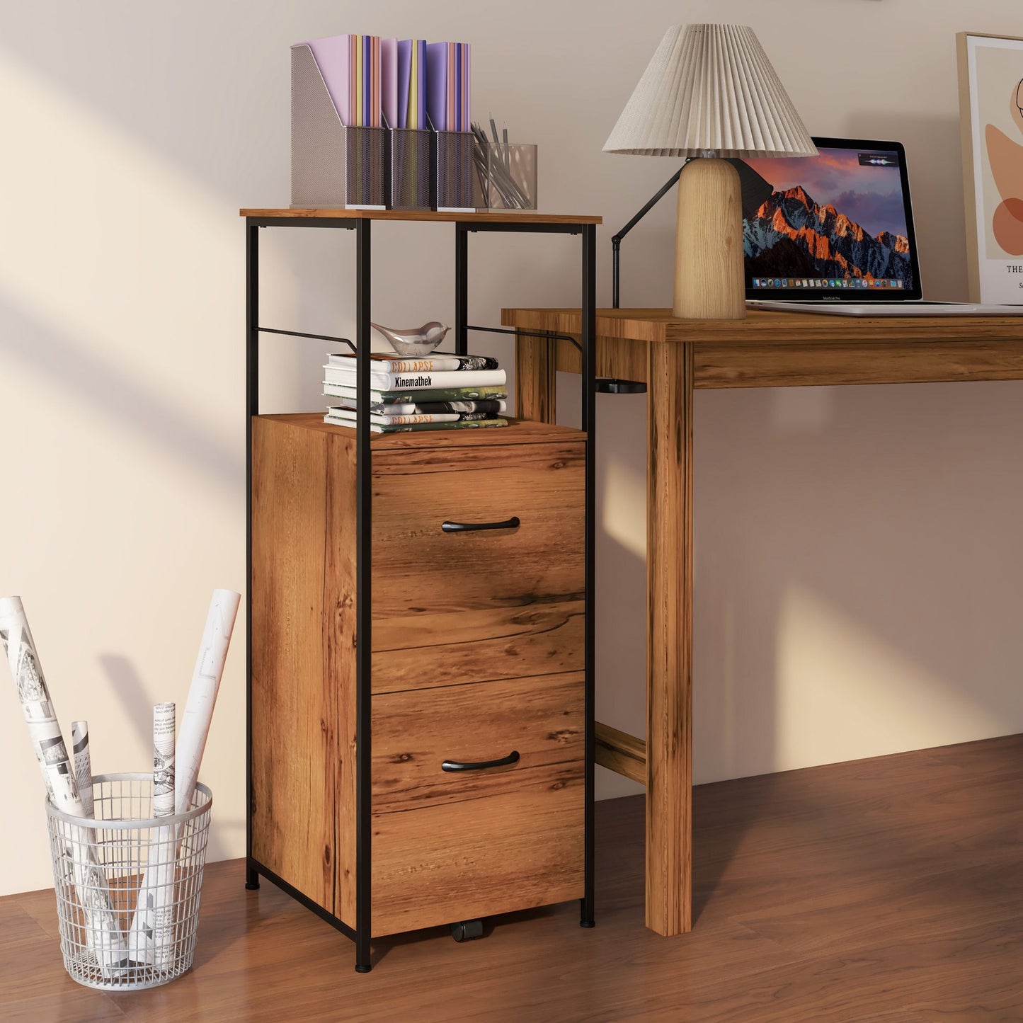 Vertical Filing Cabinet, Tall File Cabinet with 2 Drawers, Hanging Bars for Letter and A4 Size, Rustic Brown