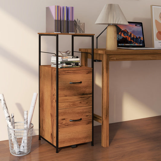 Vertical Filing Cabinet, Tall File Cabinet with 2 Drawers, Hanging Bars for Letter and A4 Size, Rustic Brown