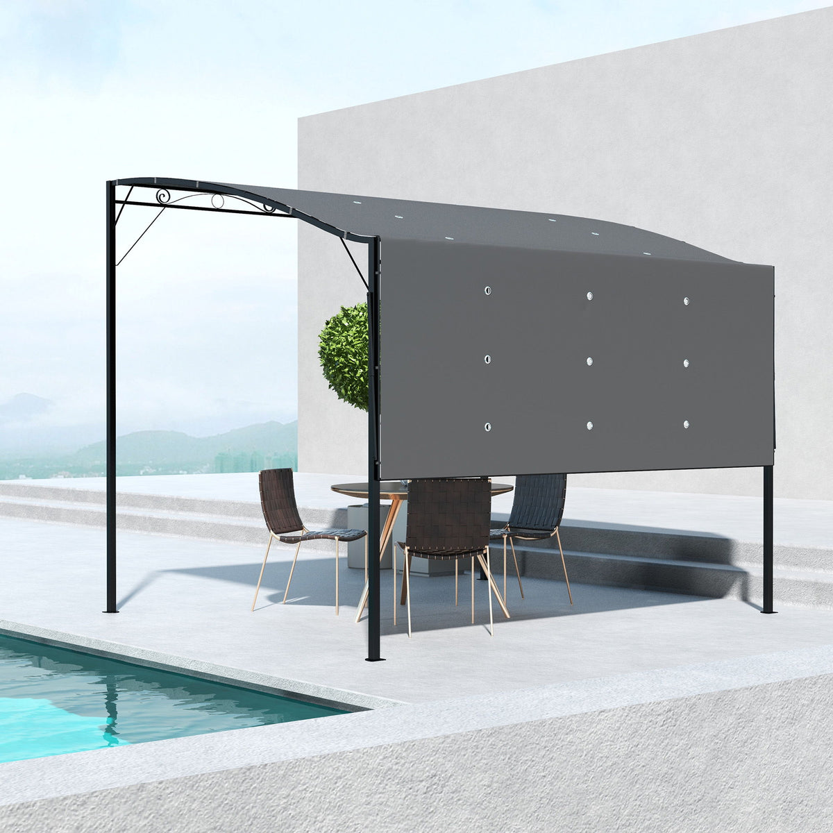 10x8ft Patio Metal Gazebo with Extendable Side Awning, Outdoor Shelter Shade Canopy Deck Awning, Dark Grey
