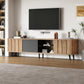 Sleek TV Stand with 3 Doors and 2-Tier Tempered-Glass Shelf, Slim TV Cabinet with Hidden Storage, 69" L x 12.5" W x 17.5" H, Natural Wood