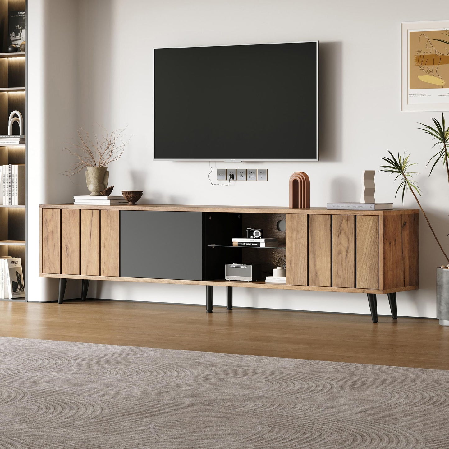 Sleek TV Stand with 3 Doors and 2-Tier Tempered-Glass Shelf, Slim TV Cabinet with Hidden Storage, 69" L x 12.5" W x 17.5" H, Natural Wood