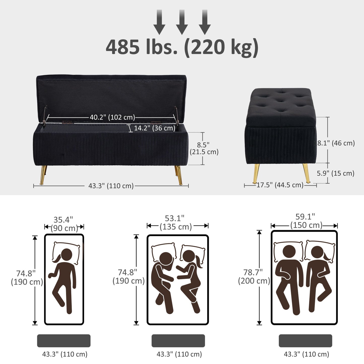 Storage Ottoman Bench, 43 Inch Large Storage Chest with Steel Legs and Padded Seat, Foot Rest, Load 485 lbs, Black